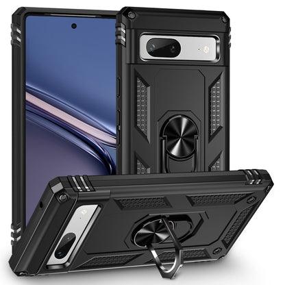 Black shockproof phone case with built-in metal ring holder and kickstand