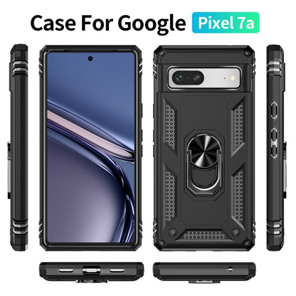Black shockproof phone case with metal ring holder, raised corners, and port cutouts