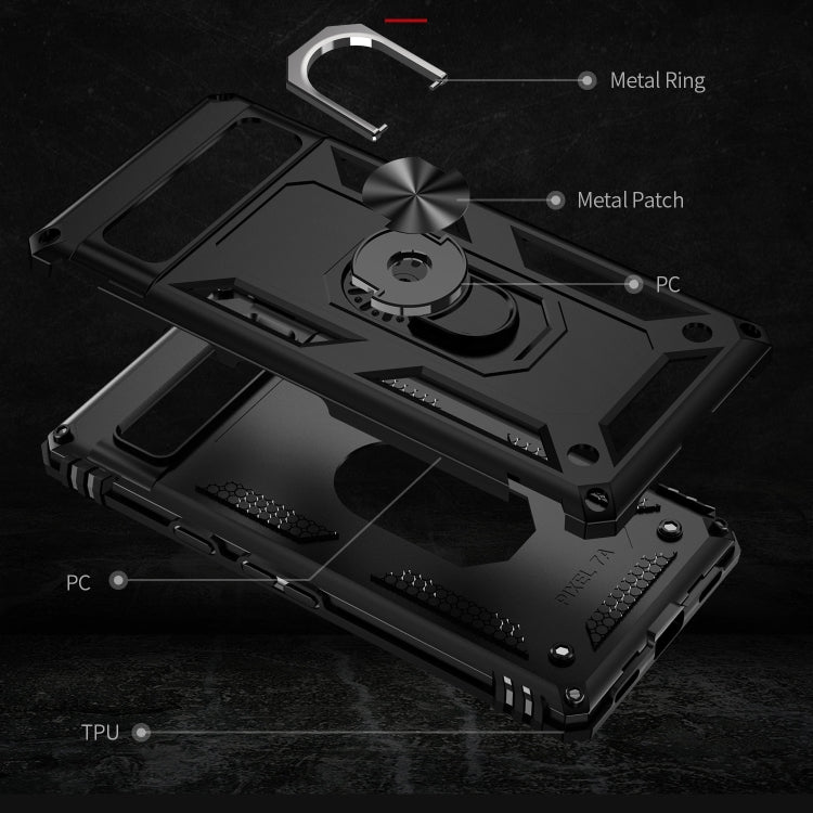 Black shockproof phone case with textured grip panels and metal ring holder