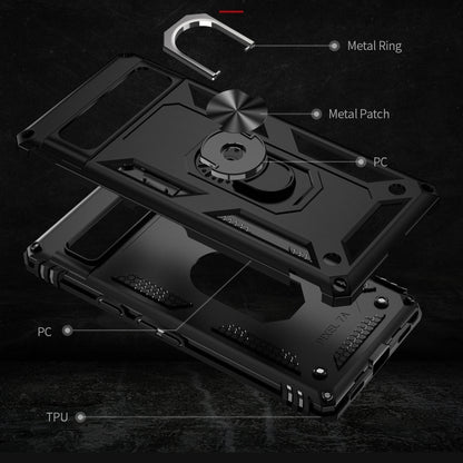 Black shockproof phone case with textured grip panels and metal ring holder