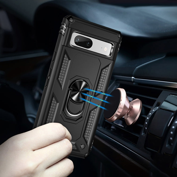Black shockproof phone case with metal ring holder, secured in a car air vent mount