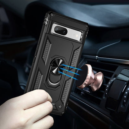 Black shockproof phone case with metal ring holder, secured in a car air vent mount