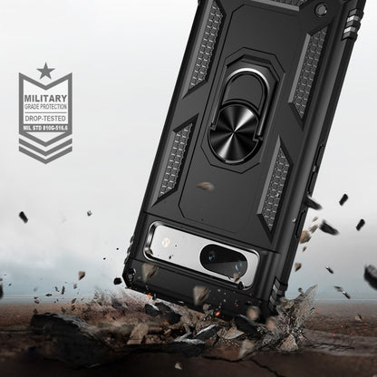 Black shockproof phone case with metal ring holder and rugged impact-resistant design
