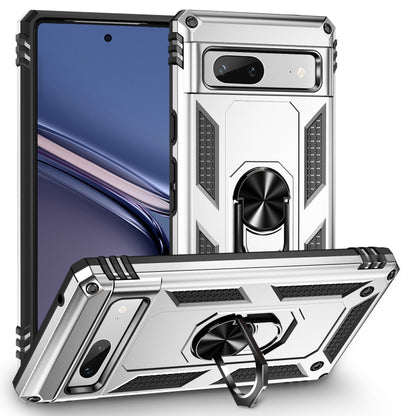 Silver shockproof phone case with metal ring holder and rugged textured edges