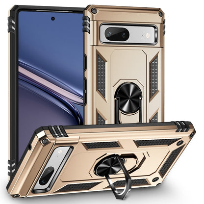 Gold shockproof phone case with metal ring holder and textured side-grip pattern