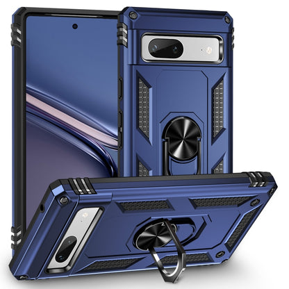 Blue shockproof phone case with built-in metal ring holder and raised camera cover