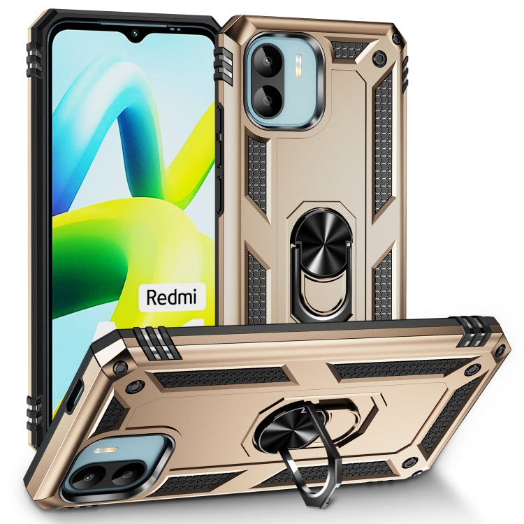 Shockproof TPU + PC phone case with holder ring, champagne/gold finish