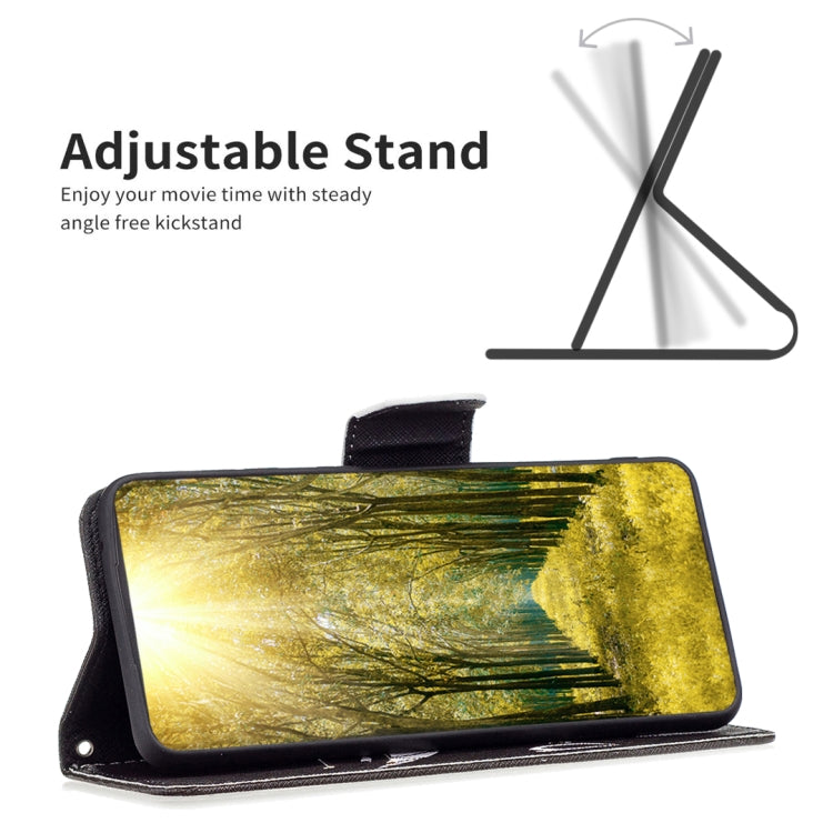 Folio leather phone case in black with yellow forest print, open view and stand