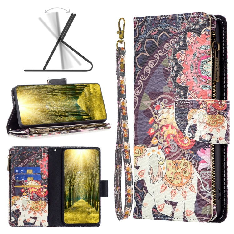 Zipper phone leather case with purple floral elephant design and wrist strap