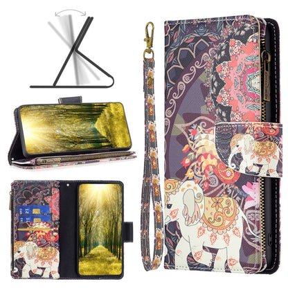 Zipper phone leather case with purple floral elephant design and wrist strap