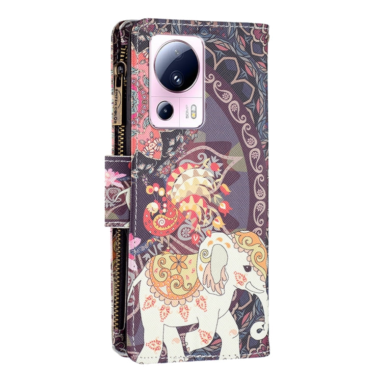 Zipper phone leather case with purple floral elephant pattern and camera cutout