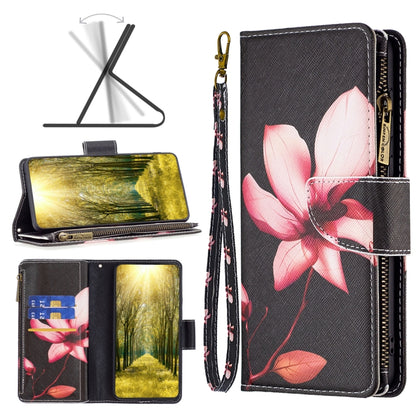 Zipper phone leather case with dark floral blossom pattern and wrist strap