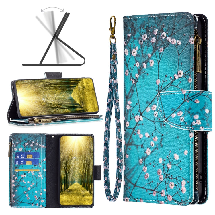 Zipper phone leather case with teal cherry blossom pattern and wrist strap