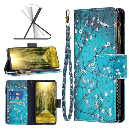 Zipper phone leather case with teal cherry blossom pattern and wrist strap