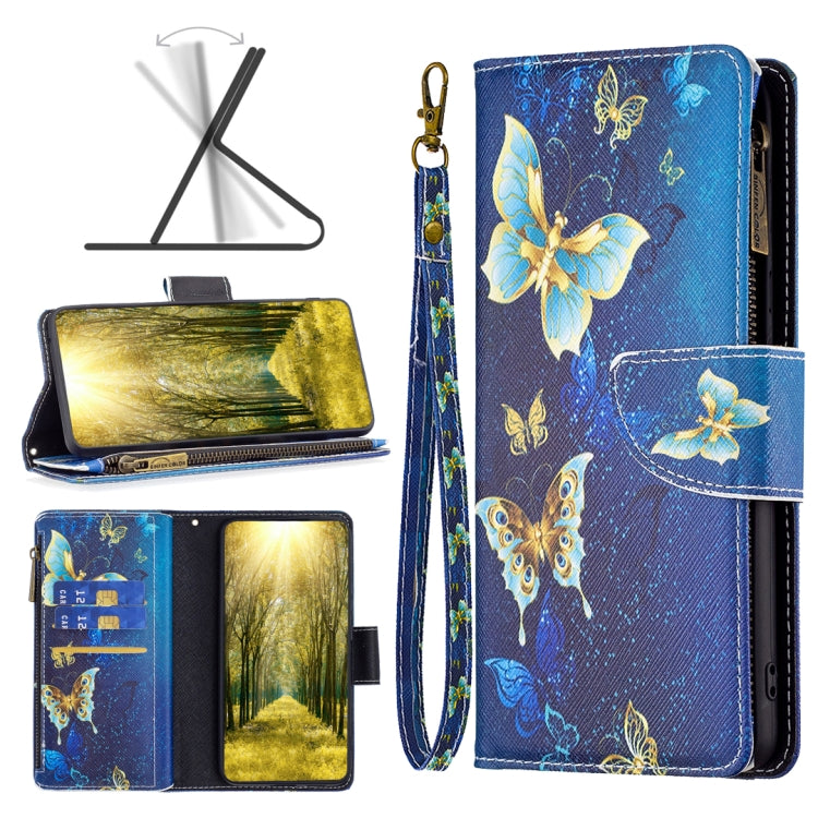 Zipper phone leather case with blue butterfly pattern and wrist strap