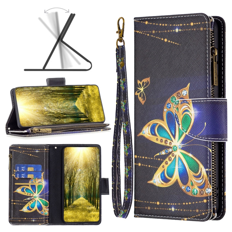 Zipper phone leather wallet case, purple butterfly floral pattern, with wrist strap