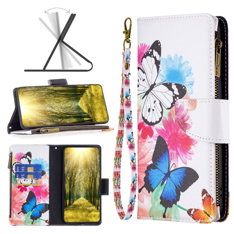 Zipper phone leather wallet case, white with pink and blue butterfly print, strap included