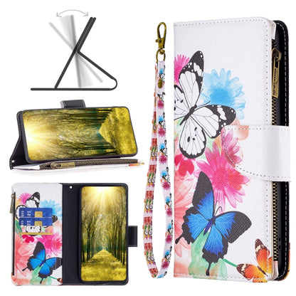 Zipper phone leather wallet case, white with pink and blue butterfly print, strap included