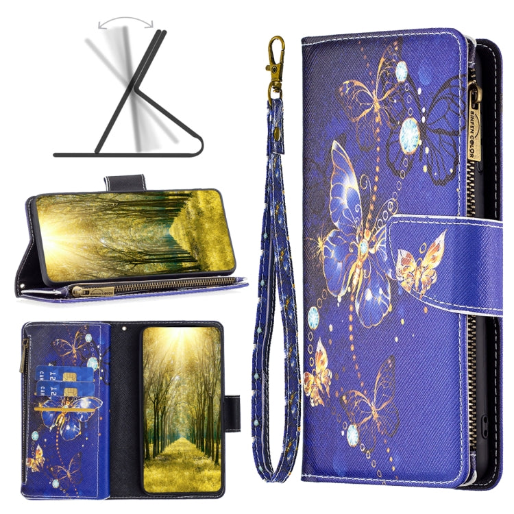 Zipper phone leather wallet case, blue with gold butterfly pattern, wrist strap