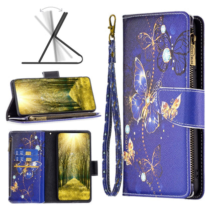 Zipper phone leather wallet case, blue with gold butterfly pattern, wrist strap