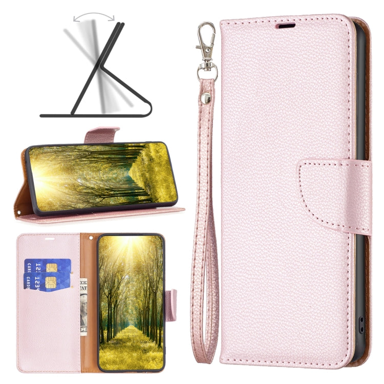 Rose gold litchi-texture leather wallet phone case with flip cover and wrist strap