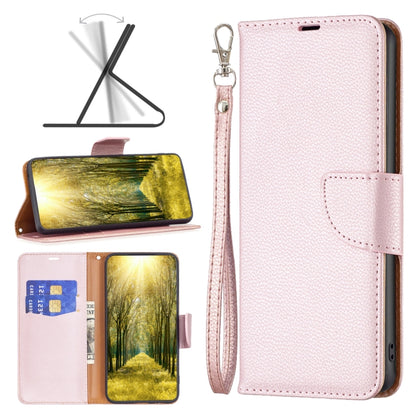 Rose gold litchi-texture leather wallet phone case with flip cover and wrist strap