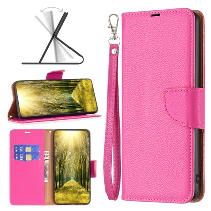 Rose red litchi-texture leather wallet phone case with flip cover and wrist strap