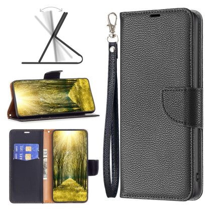 Black litchi-texture leather wallet phone case with flip cover and wrist strap
