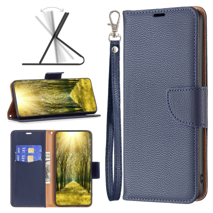Blue litchi-texture leather wallet phone case with flip cover and wrist strap
