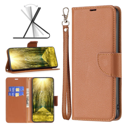 Brown litchi-texture leather wallet phone case with flip cover and wrist strap