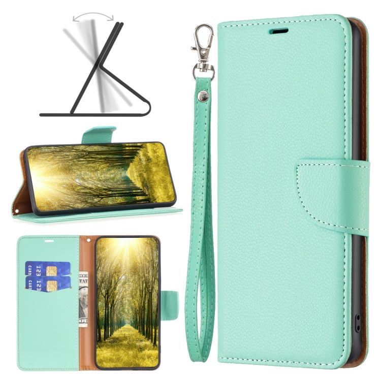 Green litchi-texture leather wallet phone case with flip cover and wrist strap