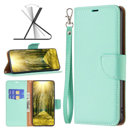 Green litchi-texture leather wallet phone case with flip cover and wrist strap