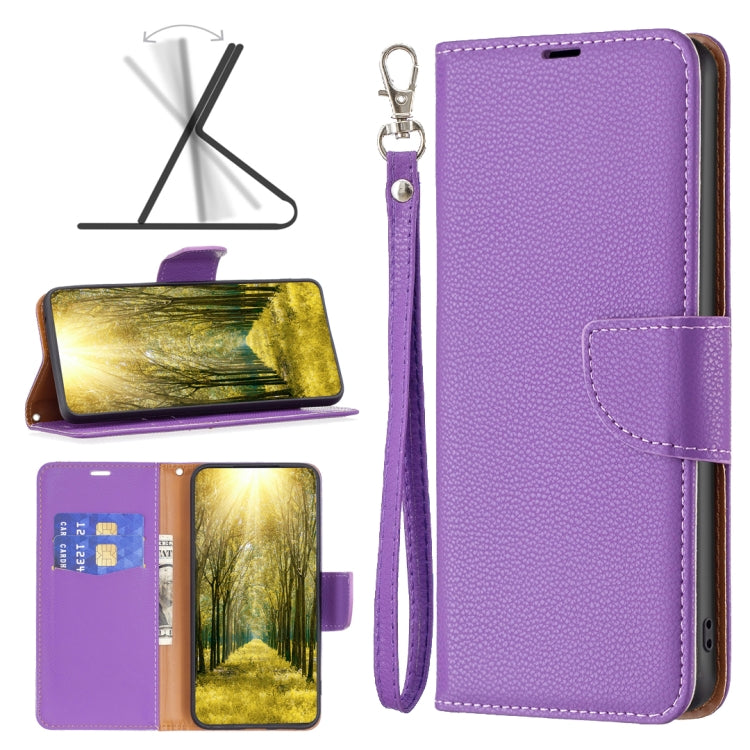 Purple textured leather phone case with folio flap and wrist strap