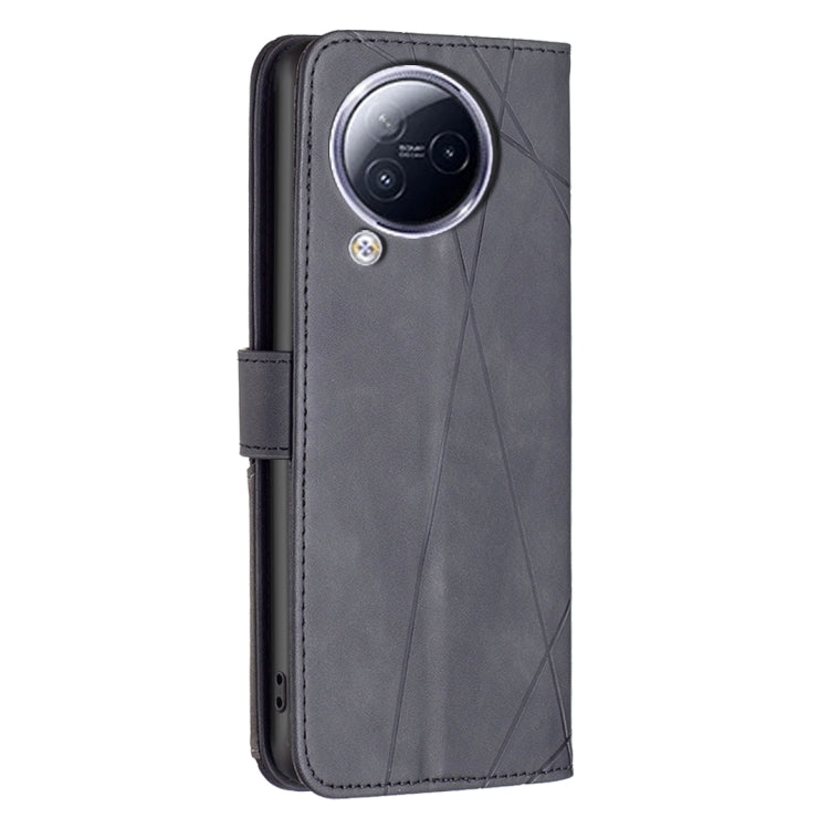 Grey leather phone case with magnetic strap and diamond texture, camera cutout visible