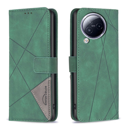 Green leather folio phone case with magnetic buckle and diamond texture, card pocket inside