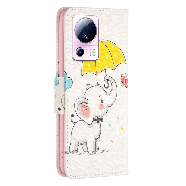 Colorful leather phone case with cartoon elephant under a yellow umbrella, card slot view
