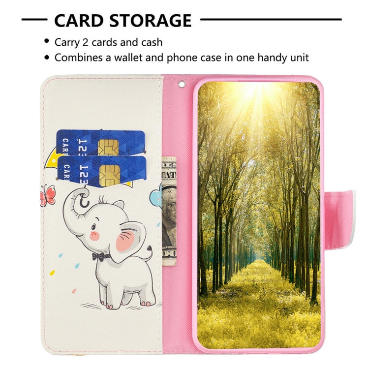 Leather phone case with elephant illustration and yellow forest scene, card and cash slots
