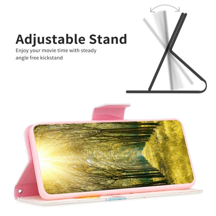 Leather phone case with yellow forest landscape print and pink-trim edges, front flap
