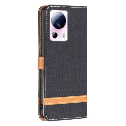 Dark gray denim-texture leather phone case with tan crossband and camera cutout