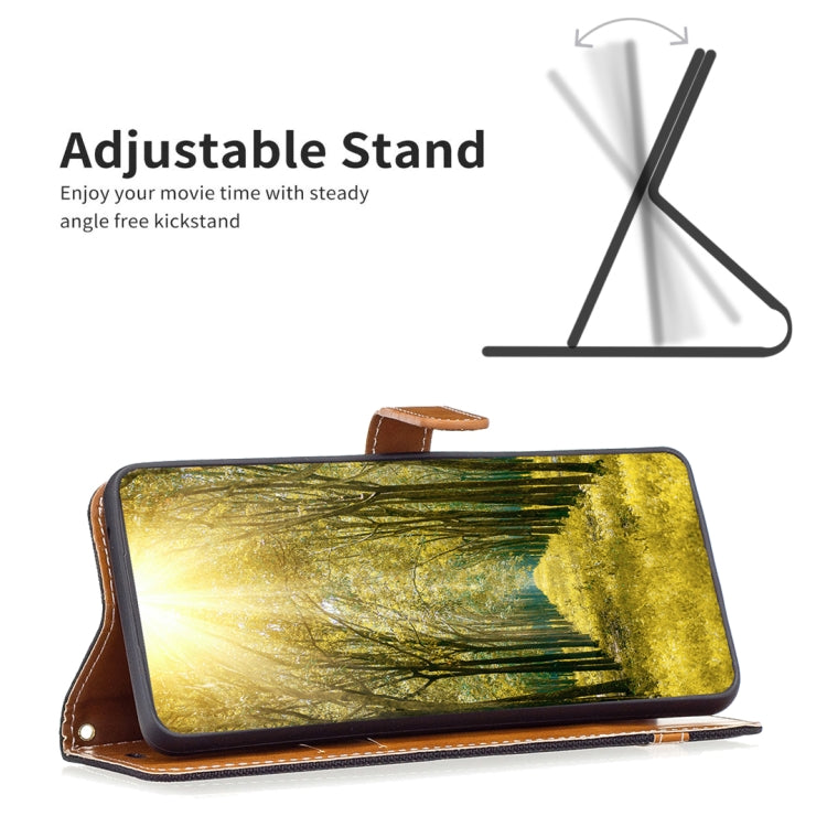 Denim-texture leather phone case with tan trim and wrist strap for hands-free use