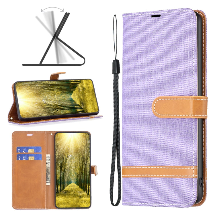Purple fabric-texture leather-style phone case with folio stand and wrist strap