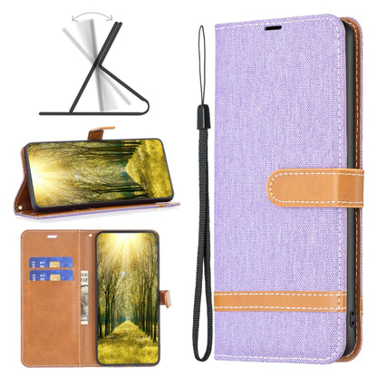 Purple fabric-texture leather-style phone case with folio stand and wrist strap