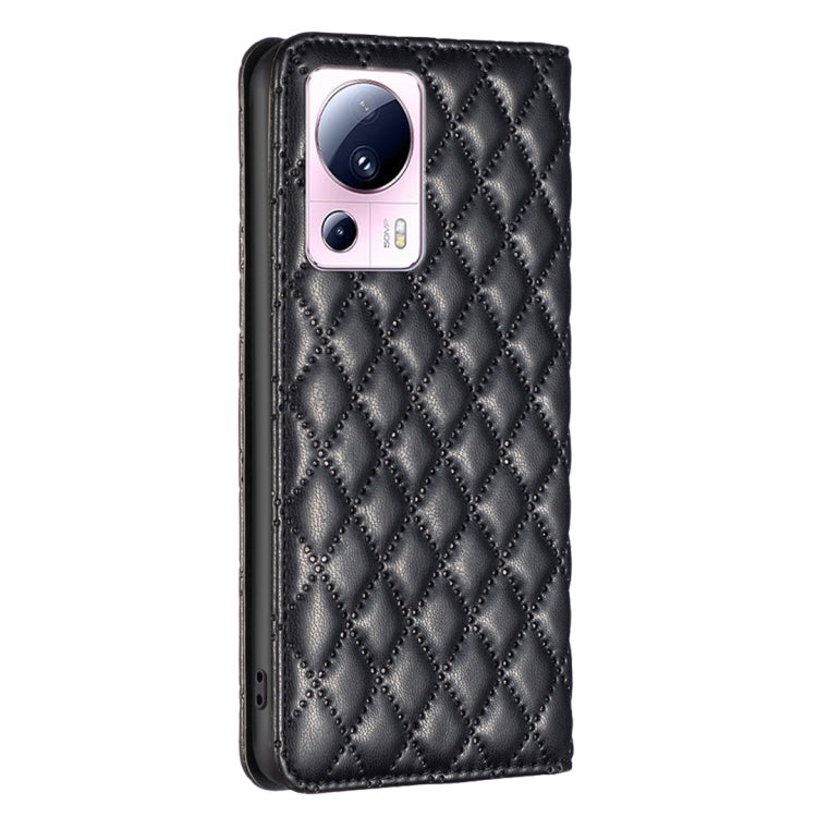 Black diamond lattice leather flip phone case with camera cutout for Xiaomi 13 Lite / Civi 2