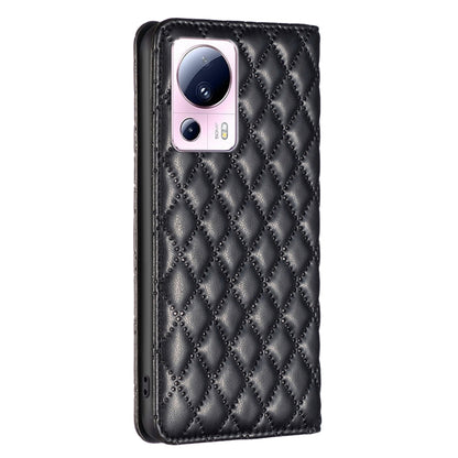 Black diamond lattice leather flip phone case with camera cutout for Xiaomi 13 Lite / Civi 2
