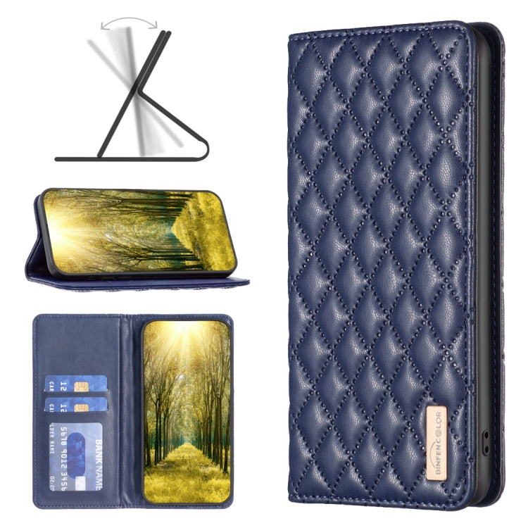 Diamond lattice magnetic leather flip phone case in blue