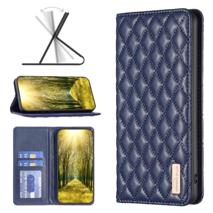 Diamond lattice magnetic leather flip phone case in blue