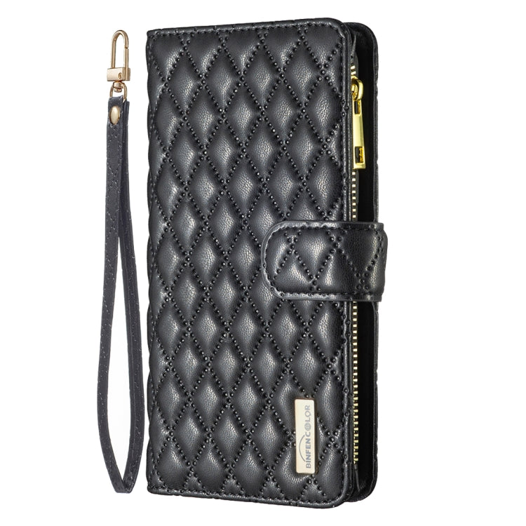 Black diamond lattice zipper wallet flip phone case with single side strap