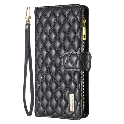 Black diamond lattice zipper wallet flip phone case with single side strap