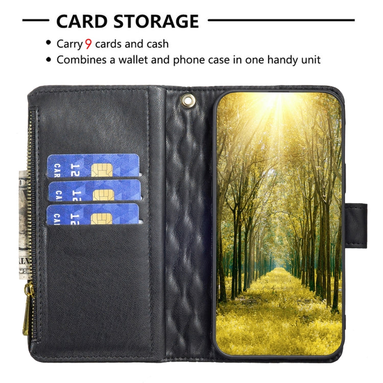 Black leather flip wallet phone case showing 9 card slots and cash compartment