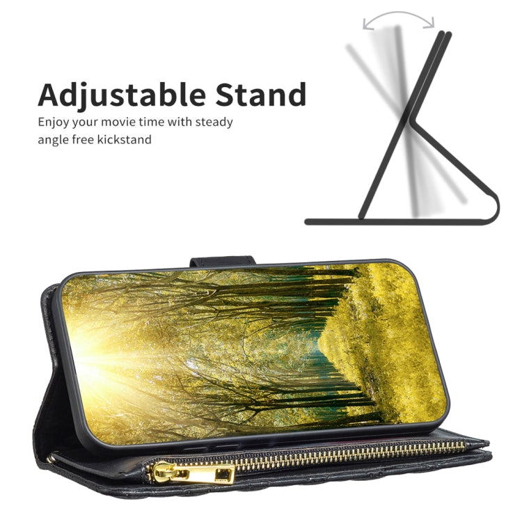 Black diamond lattice zipper wallet flip phone case with gold-toned landscape display
